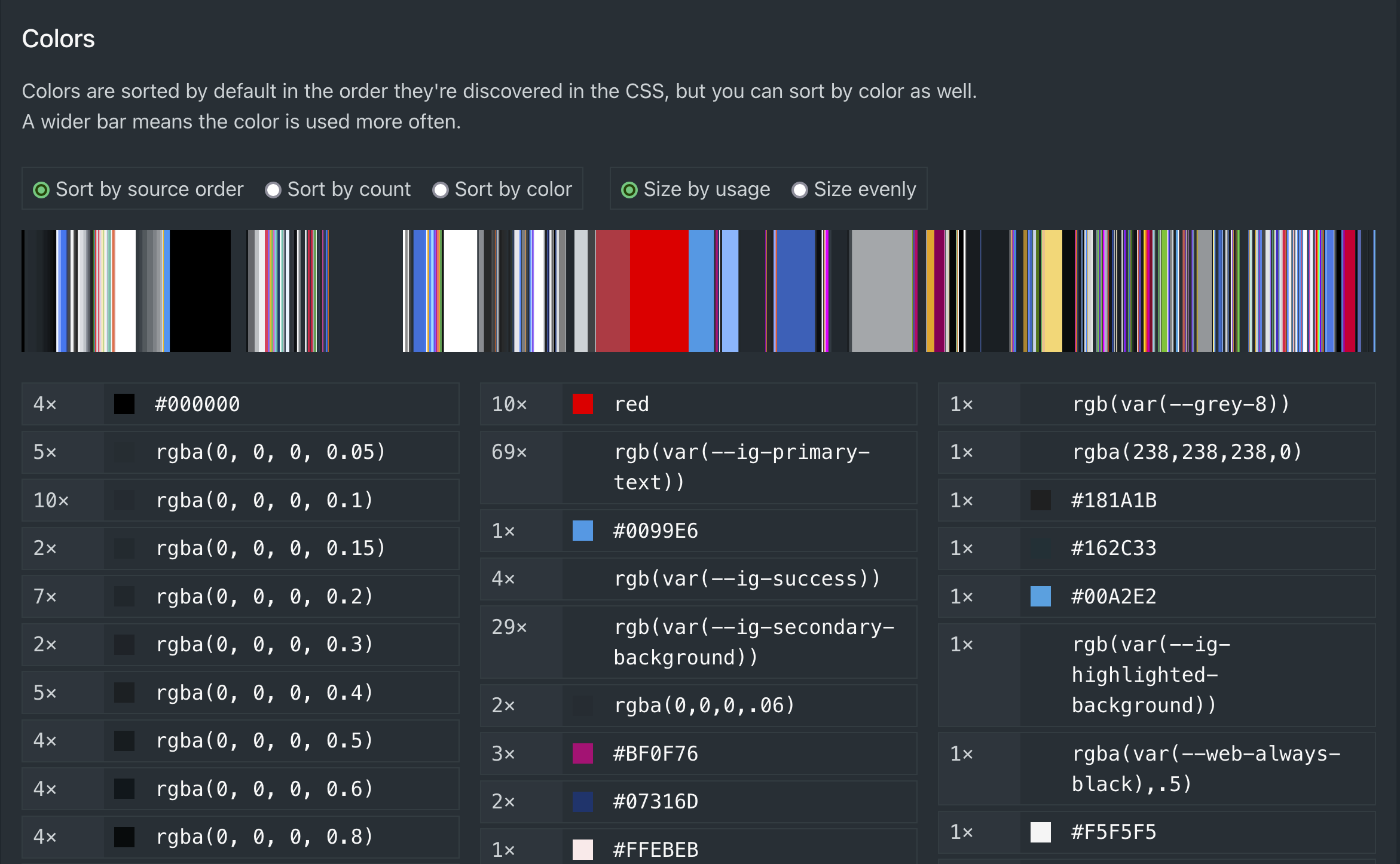 Project Wallace report on CSS colors on instagram.com